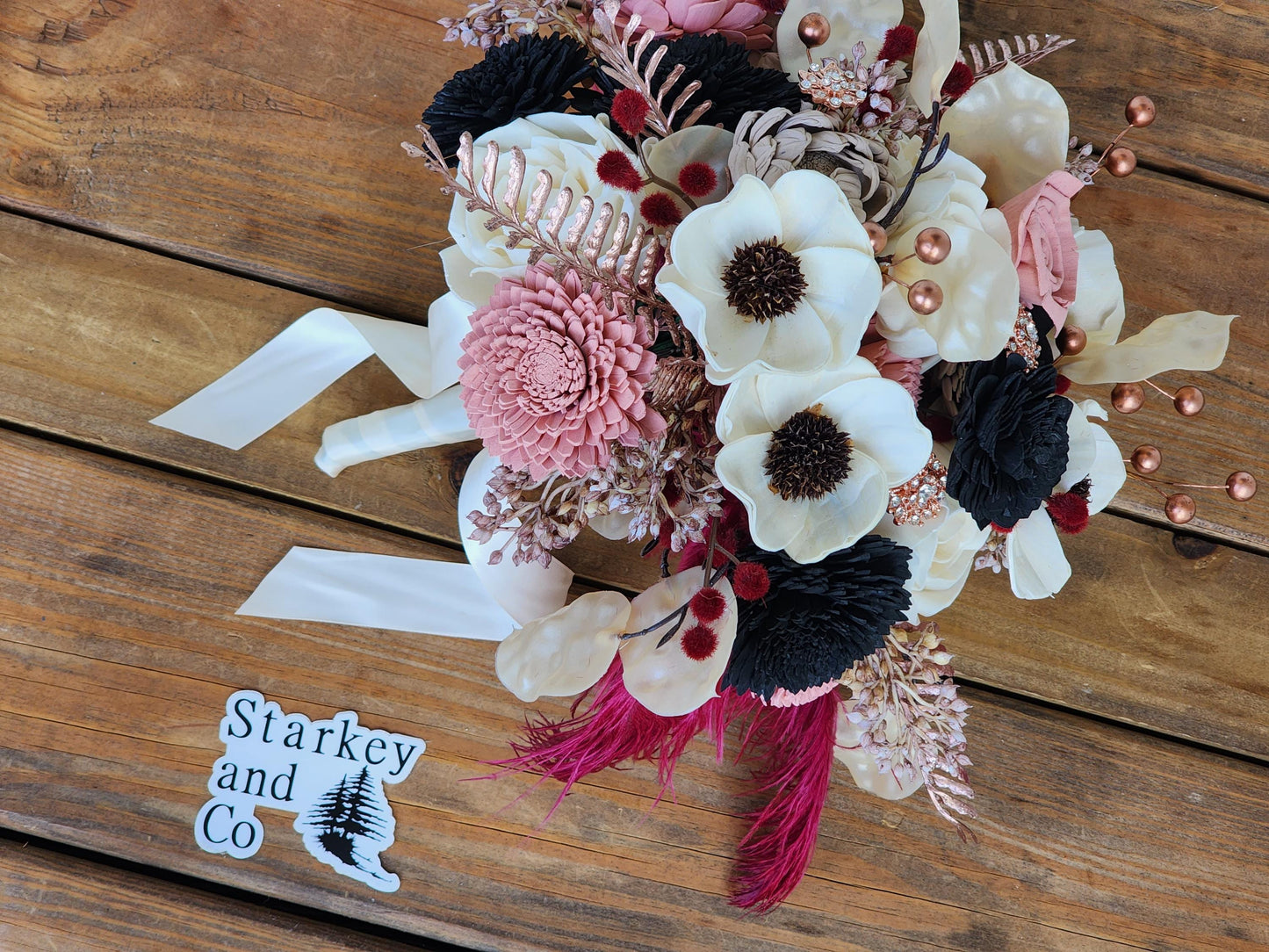 Boho Wedding Bouquet with Matching Boutonniere, Ivory Blush Pink Black Burgundy Bridal Bouquet, Wood Flower Wedding Flowers, Bridal Bouquet