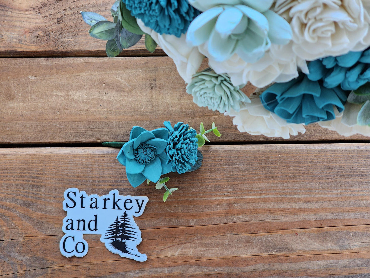 Ivory & Teal Sola Wood Flower Wedding Bouquet with Boutonniere. Sola Wood Flower Brides Bouquet and Grooms Boutonniere