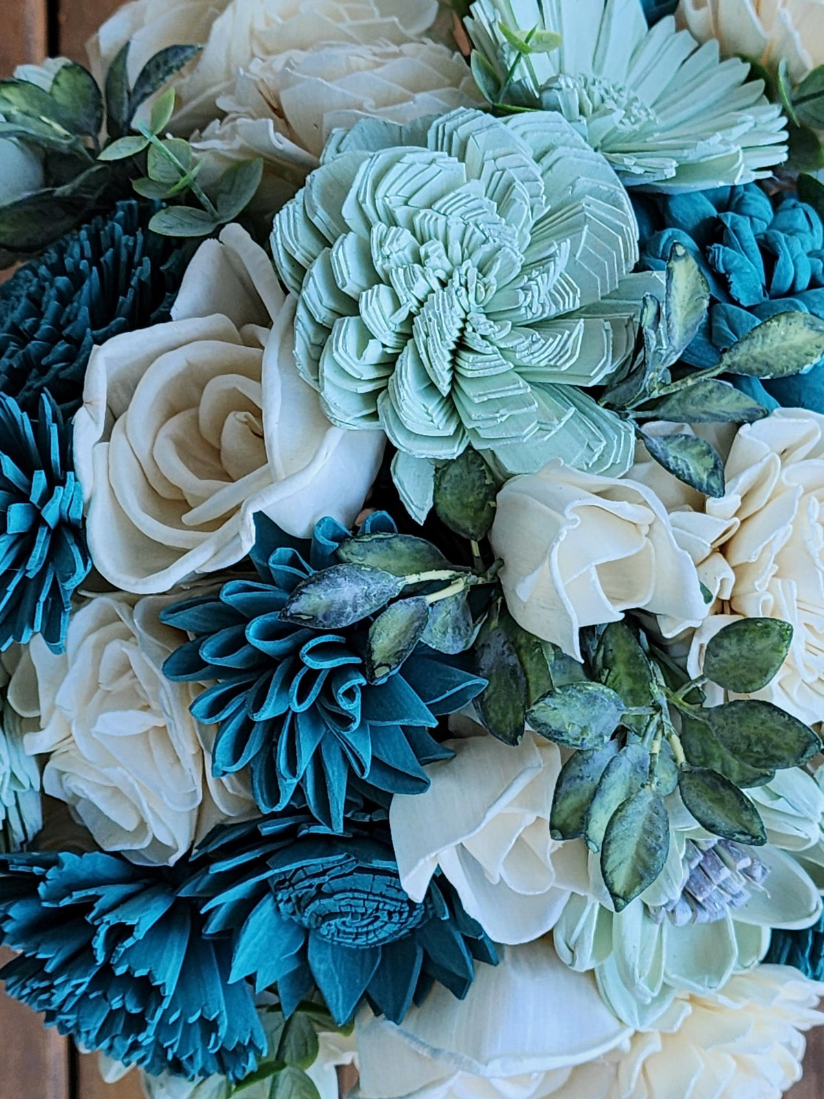 Ivory & Teal Sola Wood Flower Wedding Bouquet with Boutonniere. Sola Wood Flower Brides Bouquet and Grooms Boutonniere