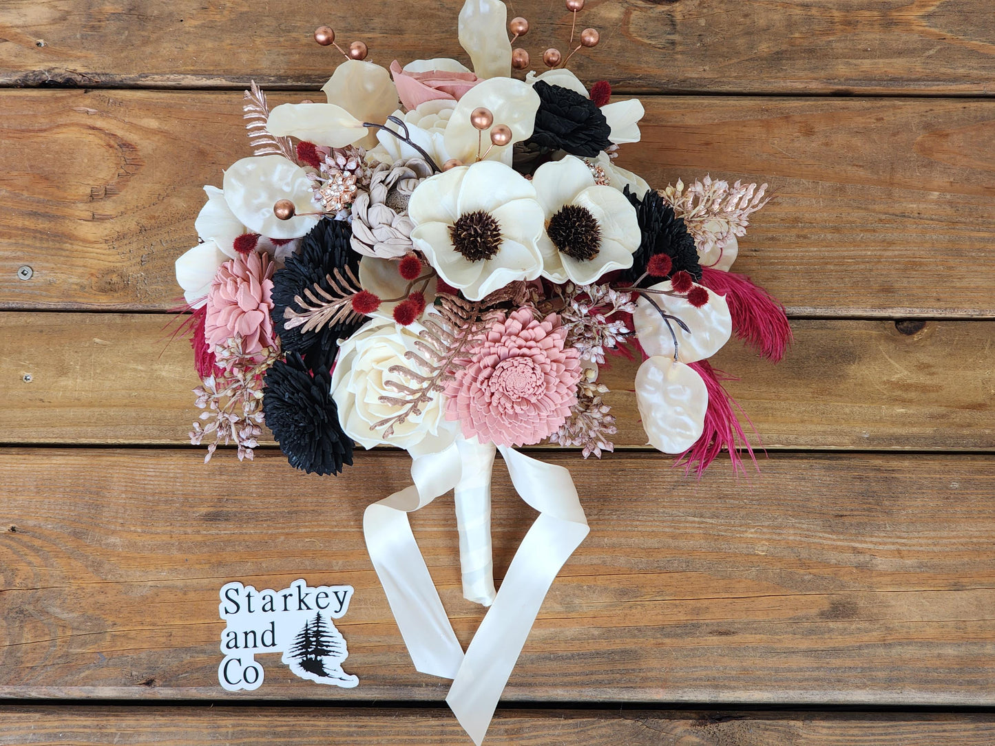 Boho Wedding Bouquet with Matching Boutonniere, Ivory Blush Pink Black Burgundy Bridal Bouquet, Wood Flower Wedding Flowers, Bridal Bouquet