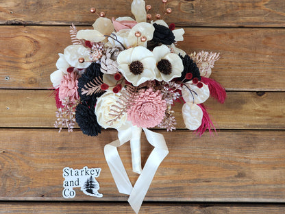 Boho Wedding Bouquet with Matching Boutonniere, Ivory Blush Pink Black Burgundy Bridal Bouquet, Wood Flower Wedding Flowers, Bridal Bouquet