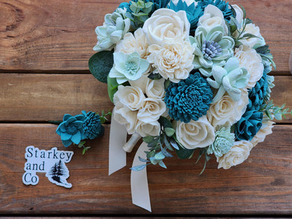 Ivory & Teal Sola Wood Flower Wedding Bouquet with Boutonniere. Sola Wood Flower Brides Bouquet and Grooms Boutonniere