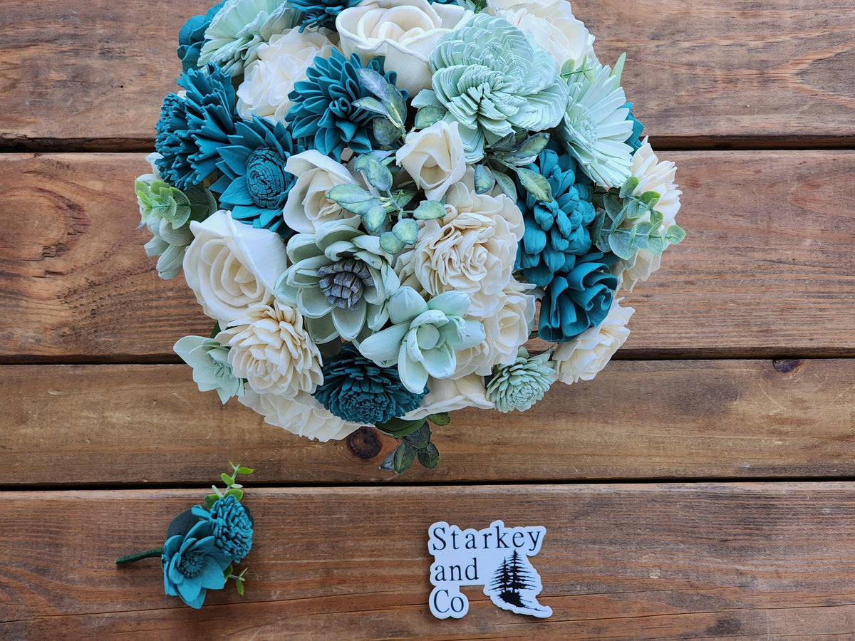 Ivory & Teal Sola Wood Flower Wedding Bouquet with Boutonniere. Sola Wood Flower Brides Bouquet and Grooms Boutonniere