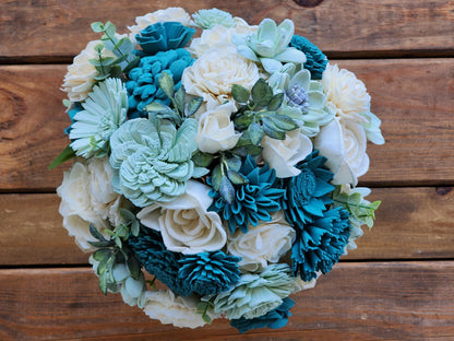 Ivory & Teal Sola Wood Flower Wedding Bouquet with Boutonniere. Sola Wood Flower Brides Bouquet and Grooms Boutonniere