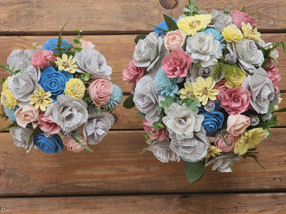 Sola Wood and Book Page Wedding Bouquet for Bride and Bridesmaids, Spring or Summer Wedding Flowers, Storybook Theme Wedding