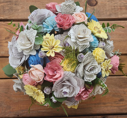 Sola Wood and Book Page Wedding Bouquet for Bride and Bridesmaids, Spring or Summer Wedding Flowers, Storybook Theme Wedding