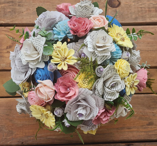 Sola Wood and Book Page Wedding Bouquet for Bride and Bridesmaids, Spring or Summer Wedding Flowers, Storybook Theme Wedding