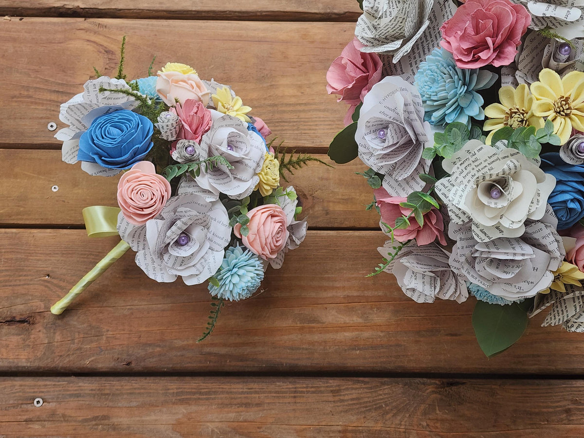 Sola Wood and Book Page Wedding Bouquet for Bride and Bridesmaids, Spring or Summer Wedding Flowers, Storybook Theme Wedding