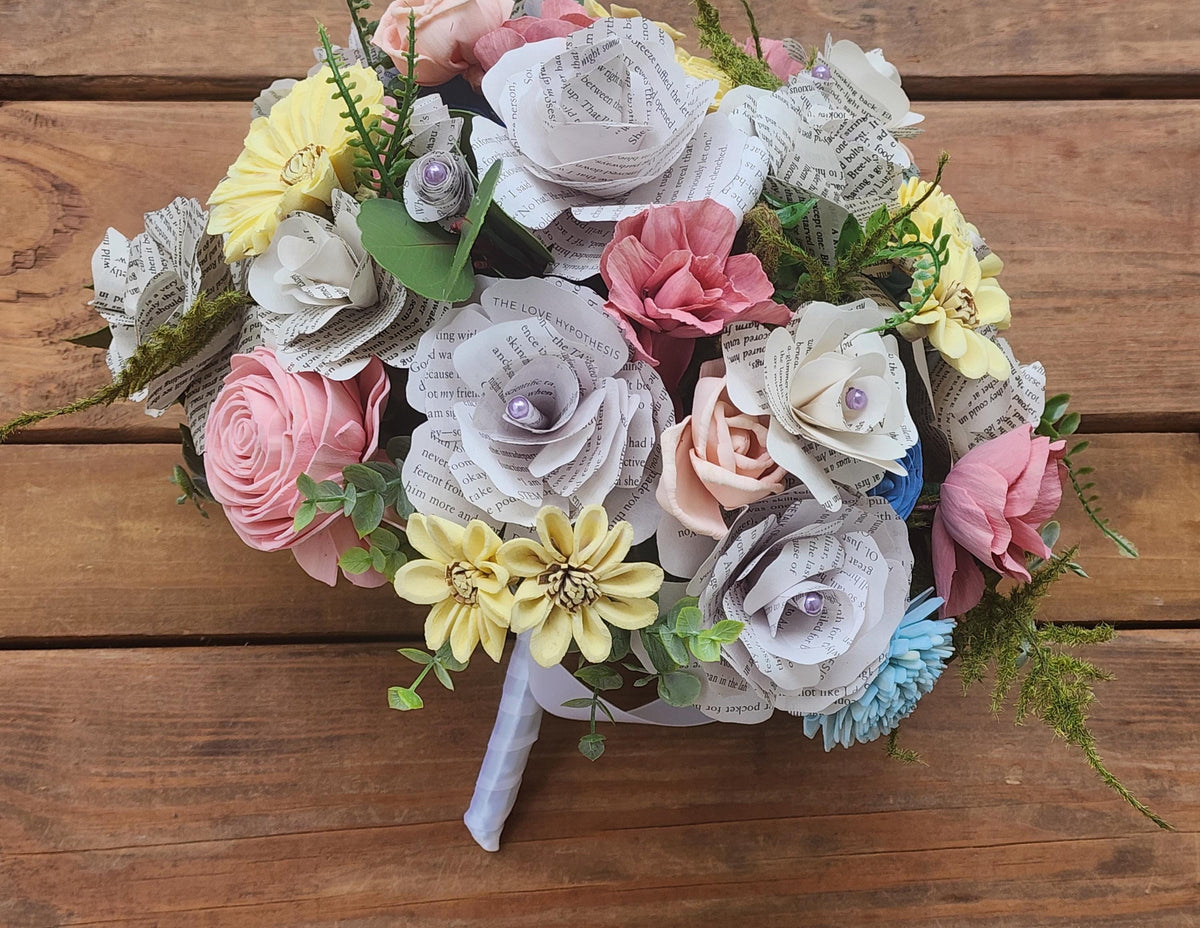 Sola Wood and Book Page Wedding Bouquet for Bride and Bridesmaids, Spring or Summer Wedding Flowers, Storybook Theme Wedding