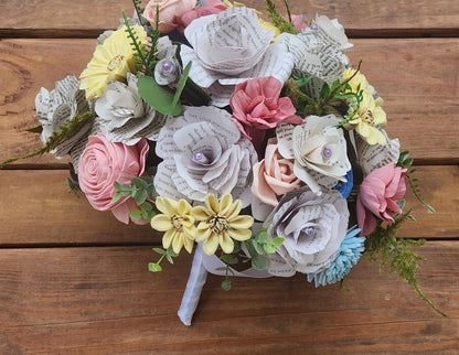 Sola Wood and Book Page Wedding Bouquet for Bride and Bridesmaids, Spring or Summer Wedding Flowers, Storybook Theme Wedding