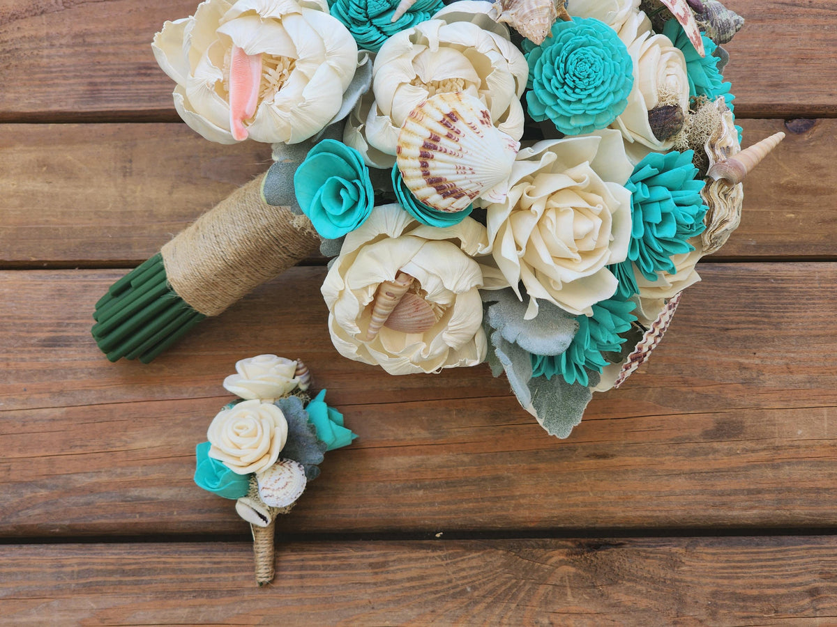 Beach Wedding Bouquet & Boutonniere Set, Sola Wood Flower Bouquet, Seashell Bridal Bouquet, Teal Ivory Wedding Flowers, Destination Wedding