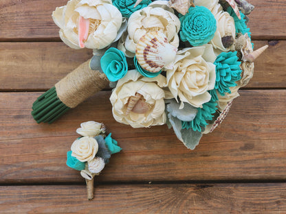 Beach Wedding Bouquet & Boutonniere Set, Sola Wood Flower Bouquet, Seashell Bridal Bouquet, Teal Ivory Wedding Flowers, Destination Wedding