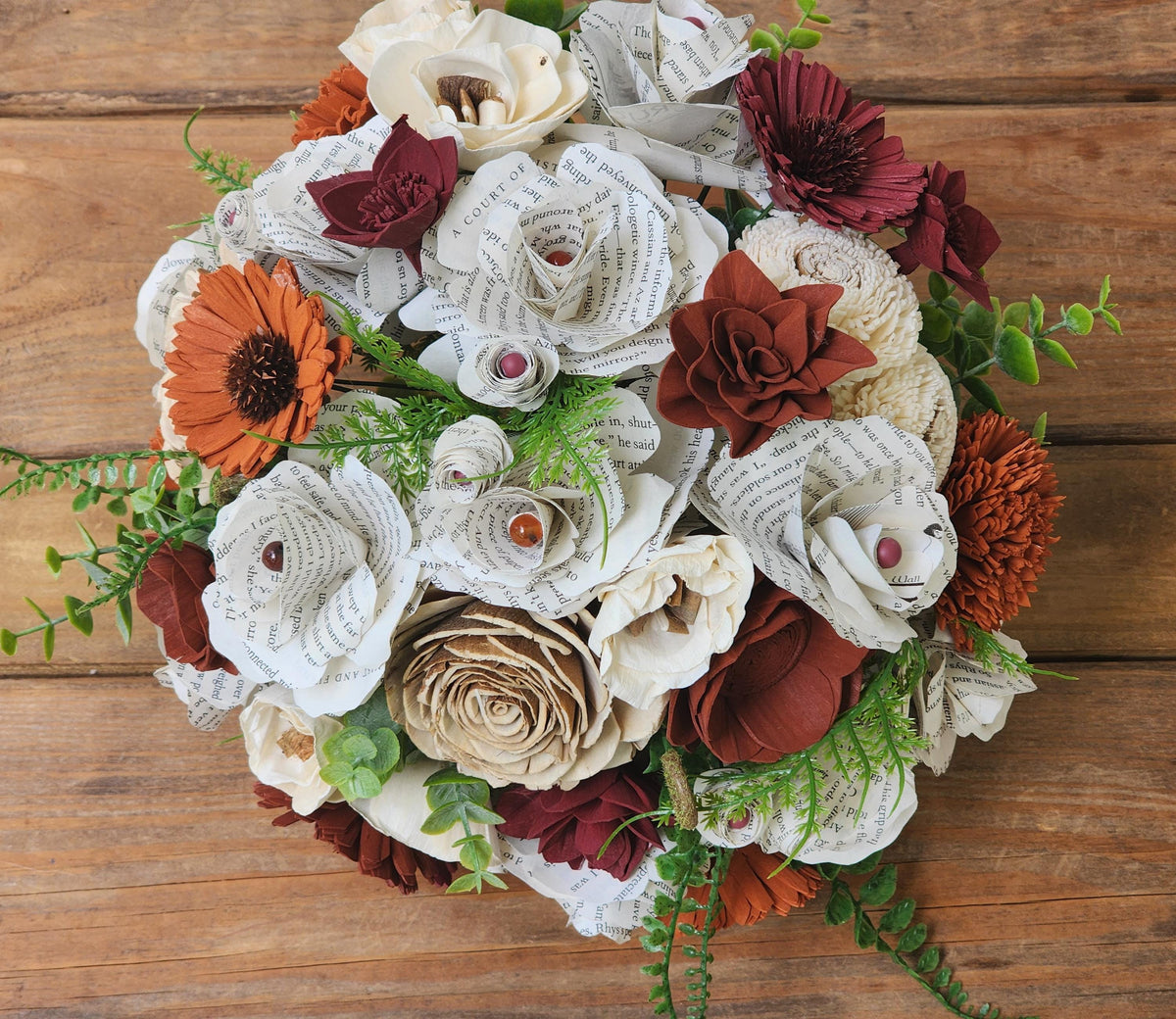 Sola Wood Flower Bridal Bouquet & Boutonniere, Book Page Wedding Flowers, Rustic Fall Wedding Bouquet, Keepsake Wedding Flowers