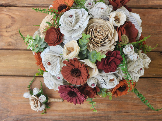 Sola Wood Flower Bridal Bouquet & Boutonniere, Book Page Wedding Flowers, Rustic Fall Wedding Bouquet, Keepsake Wedding Flowers