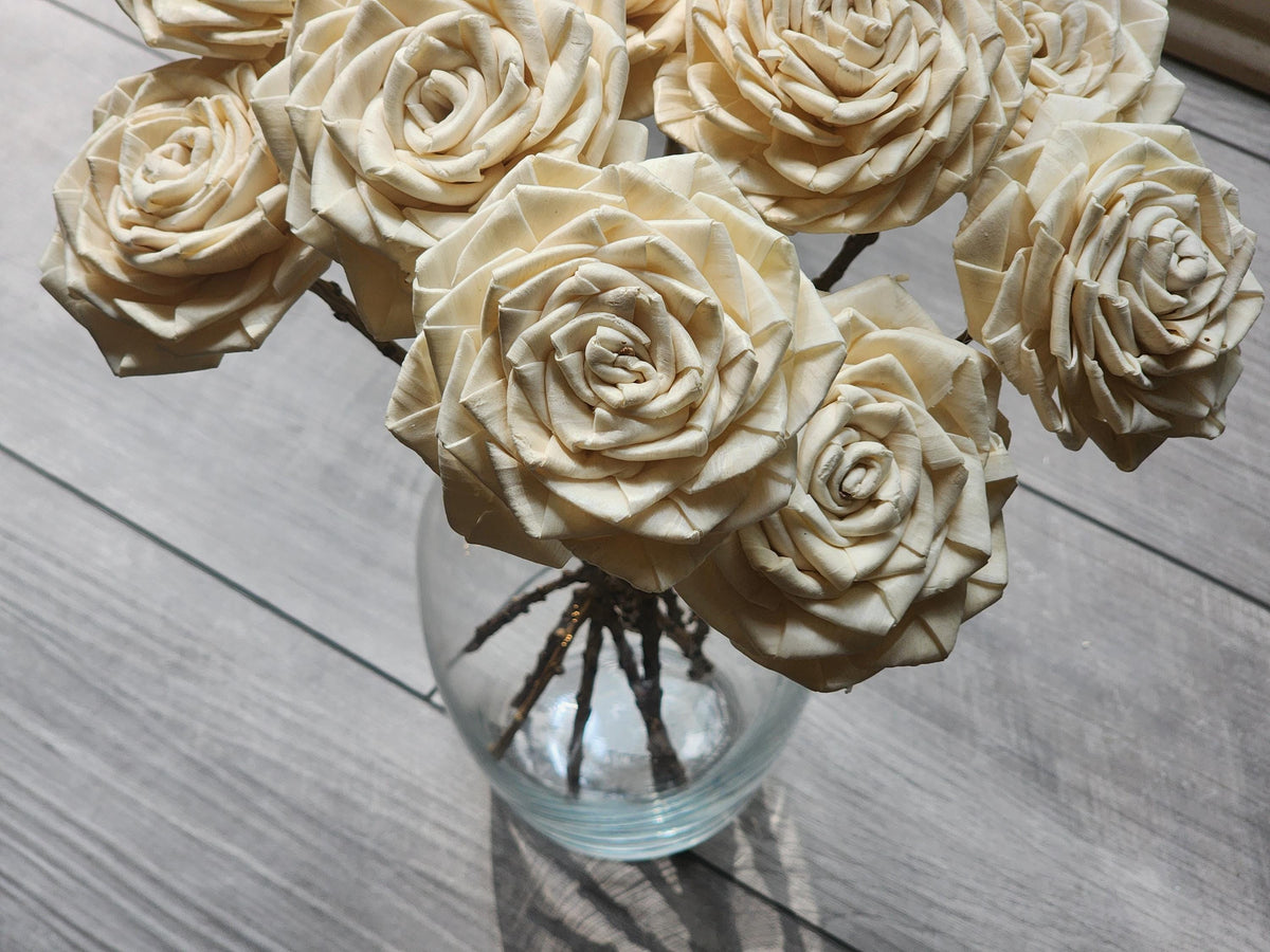 One Dozen 3" Sola Wood Ribbon Rose on 10" Wood Stem, Ivory Wooden Flower, DIY Bouquet Flower, Forever Floral Stem, Craft & Home Decor