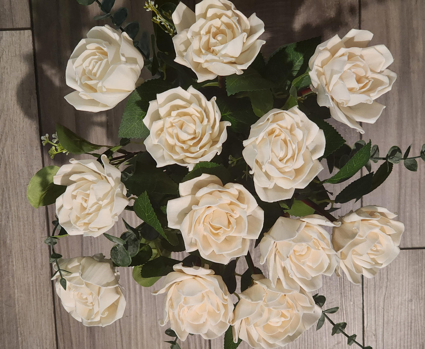 One Dozen Ivory Sola Wood Roses on Faux Rose Stems with Realistic Leaves & Soft Touch Thorns, DIY Wedding Flowers, Floral Craft Supply
