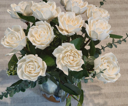 One Dozen Ivory Sola Wood Roses on Faux Rose Stems with Realistic Leaves & Soft Touch Thorns, DIY Wedding Flowers, Floral Craft Supply