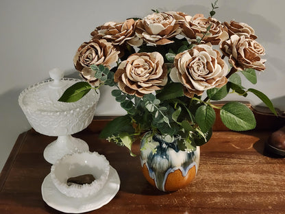 One Dozen Raw Sola Wood Roses on Faux Rose Stems with Realistic Leaves & Soft Touch Thorns, DIY Wedding Flowers, Floral Craft Supply