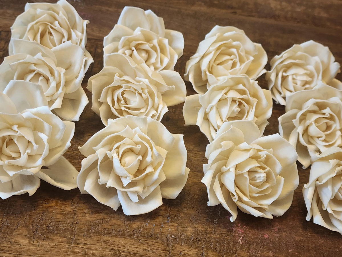 One Dozen 3" Ivory Sola Wood Tea Roses, Handmade Natural Wood Flowers, DIY Wedding Bouquet Flowers, Rustic Floral Decor, Craft Flower Supply