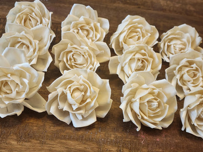 One Dozen 3" Ivory Sola Wood Tea Roses, Handmade Natural Wood Flowers, DIY Wedding Bouquet Flowers, Rustic Floral Decor, Craft Flower Supply