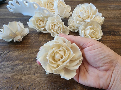 One Dozen 3" Ivory Sola Wood Tea Roses, Handmade Natural Wood Flowers, DIY Wedding Bouquet Flowers, Rustic Floral Decor, Craft Flower Supply