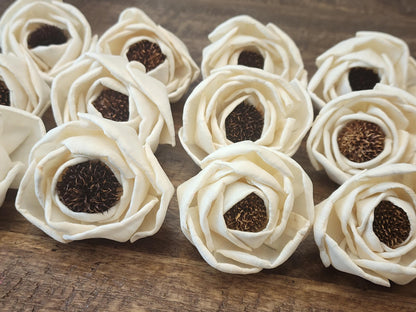 Sola Wood Flowers, 1 Dozen 2.5" Thistle Center Beach Roses, Ivory Wood Flowers, DIY Wedding Flowers, Bouquet Supplies, Floral Craft Supplies
