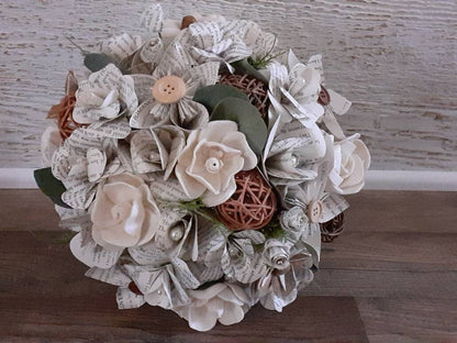 Rustic Book Page Bridal Bouquet, Sola Wood Flower Wedding Bouquet, Country Wedding Flowers , Farmhouse Rustic Bride, Keepsake Bouquet