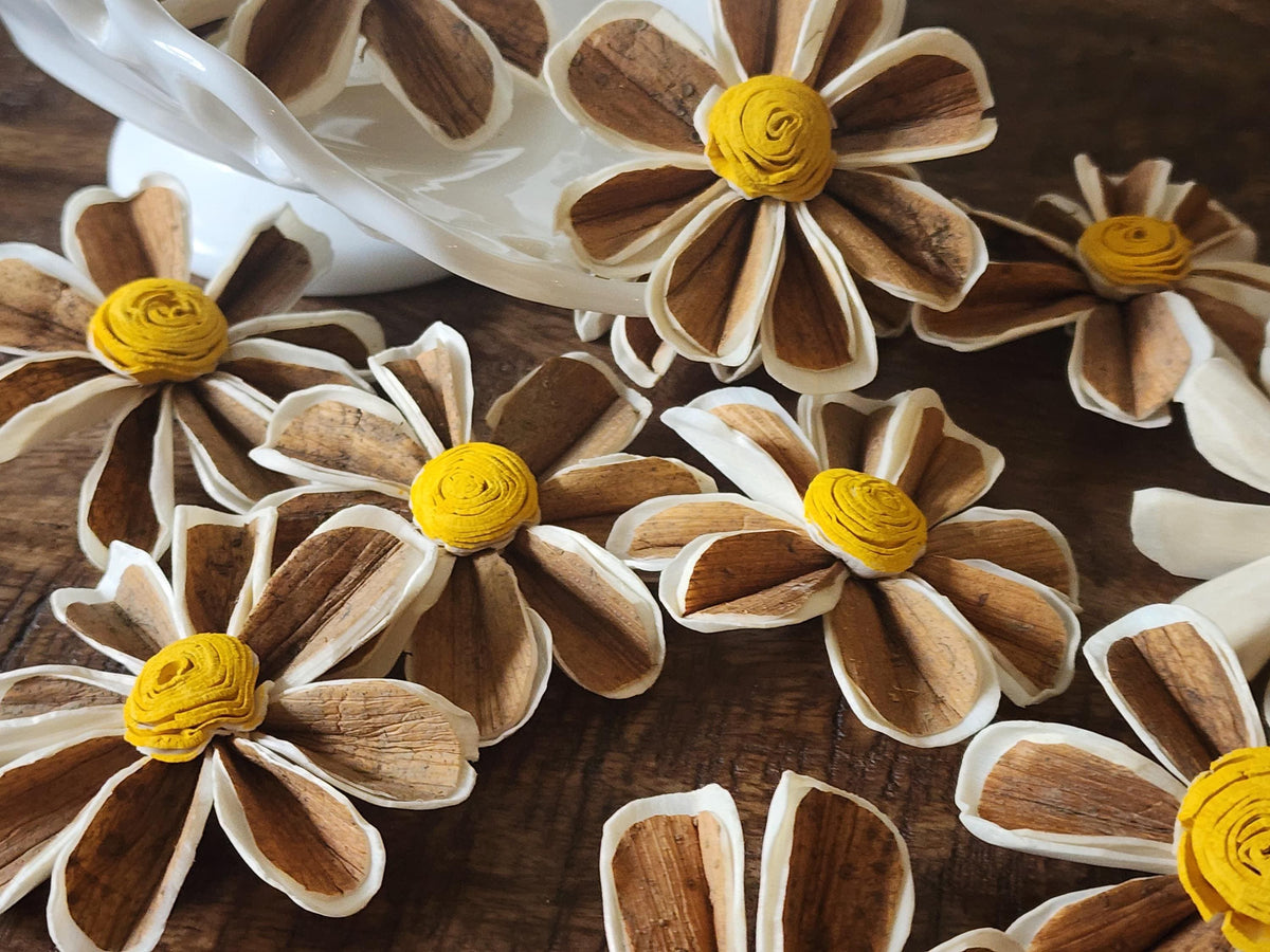 One Dozen 3" Skin Sola Wood Daisy w/ Hand-Painted Yellow Center, Forever Wooden Flower, DIY Bouquet, Floral Craft Supply, Rustic Home Decor