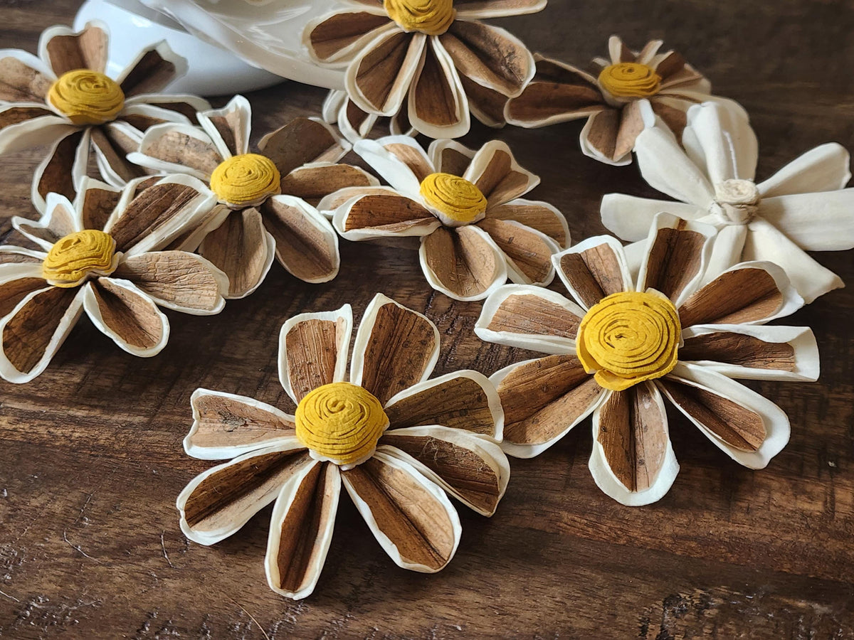 One Dozen 3" Skin Sola Wood Daisy w/ Hand-Painted Yellow Center, Forever Wooden Flower, DIY Bouquet, Floral Craft Supply, Rustic Home Decor