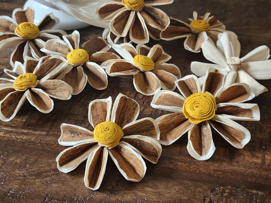 One Dozen 3" Skin Sola Wood Daisy w/ Hand-Painted Yellow Center, Forever Wooden Flower, DIY Bouquet, Floral Craft Supply, Rustic Home Decor