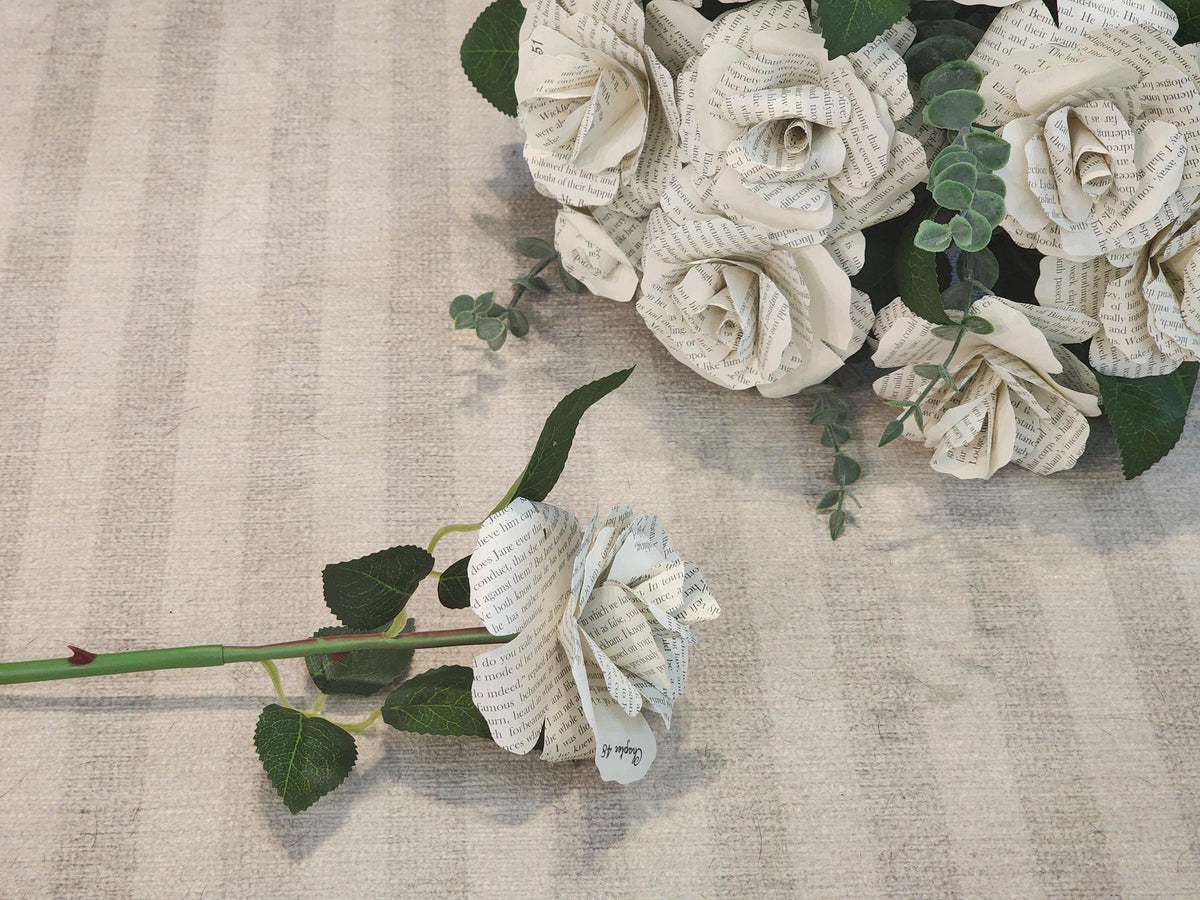 One Dozen 3" Book Page Roses on Faux Rose Stems with Realistic Leaves & Soft Touch Thorns, Upcycled Paper Flowers, Wedding Decor
