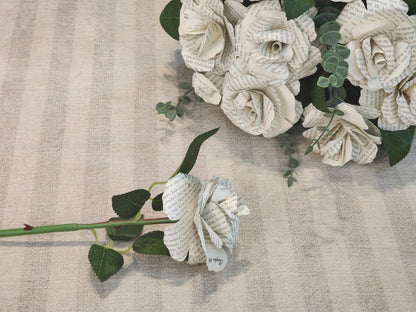 One Dozen 3" Book Page Roses on Faux Rose Stems with Realistic Leaves & Soft Touch Thorns, Upcycled Paper Flowers, Wedding Decor