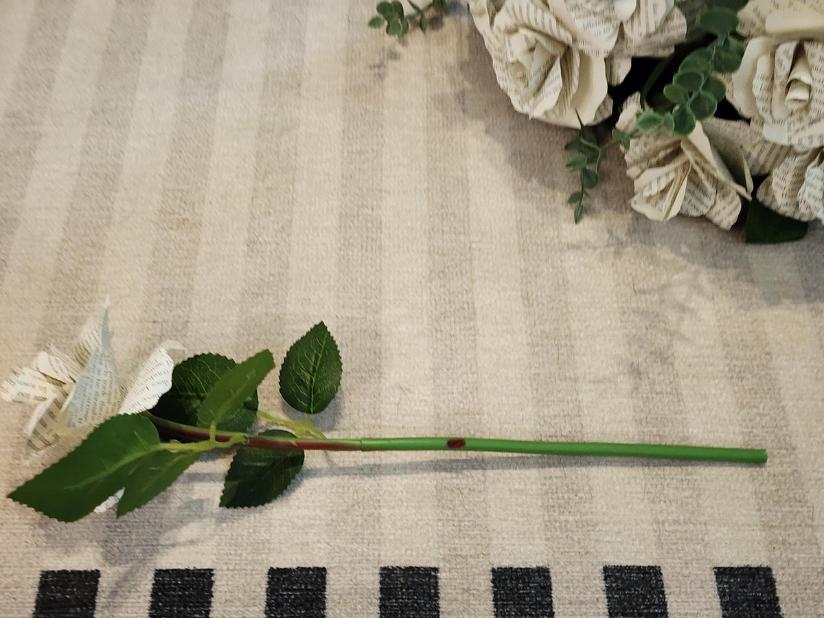 One Dozen 3" Book Page Roses on Faux Rose Stems with Realistic Leaves & Soft Touch Thorns, Upcycled Paper Flowers, Wedding Decor