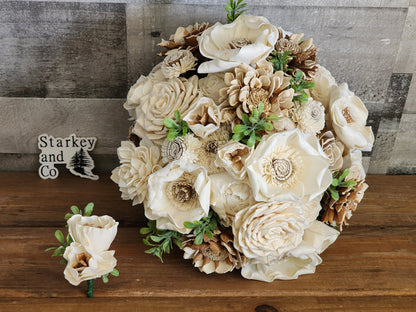 Rustic Country Wedding Bouquet with Matching Boutonniere, Ivory Tan Brown Wood Flowers, Farmhouse Bridal Bouquet, Country Chic Wedding