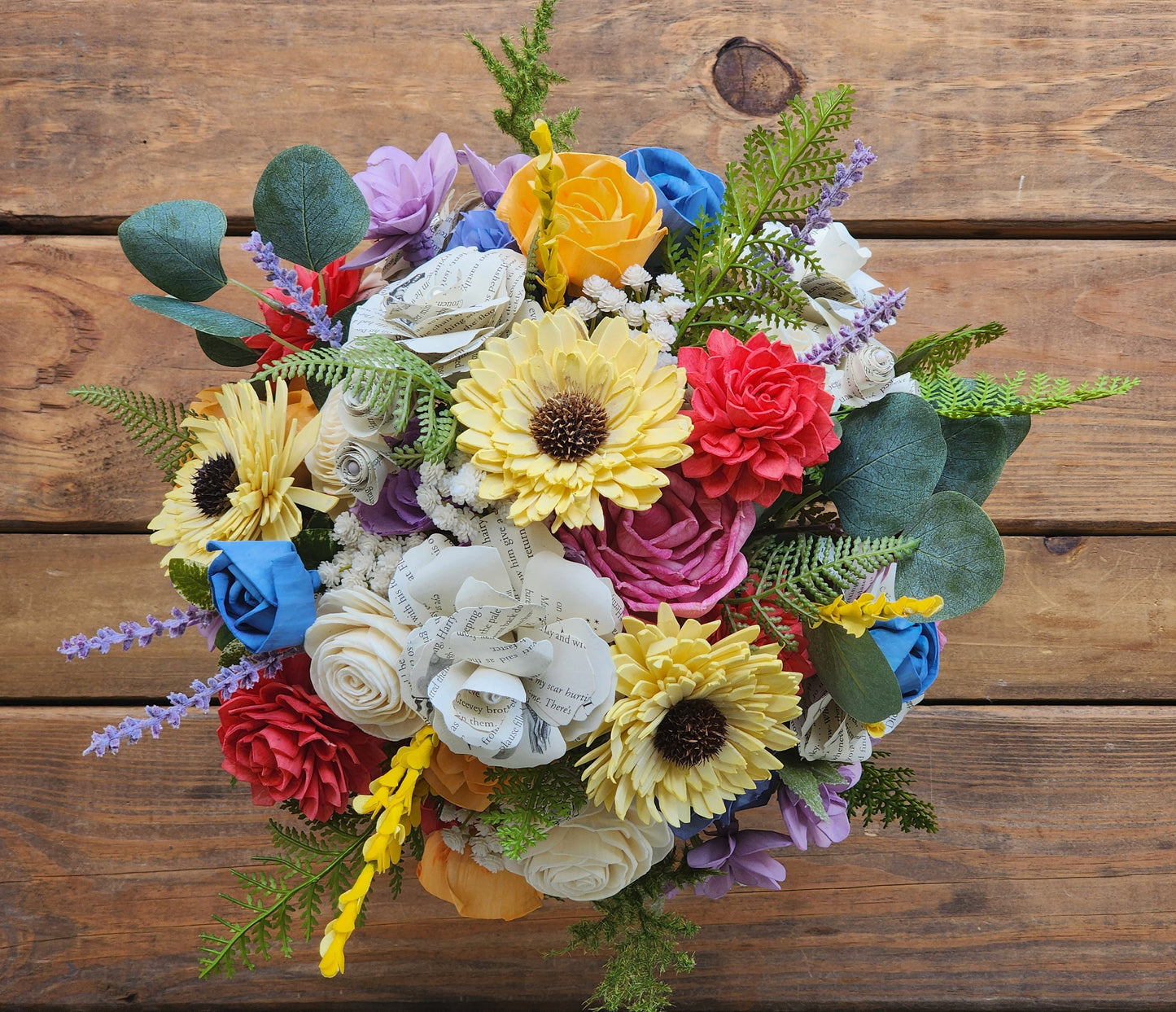 Storybook Wildflower Wedding Bouquet with Boutonniere, Colorful Wood Flower Bridal Bouquet, Fairytale Wedding Flowers, Book Page Flowers