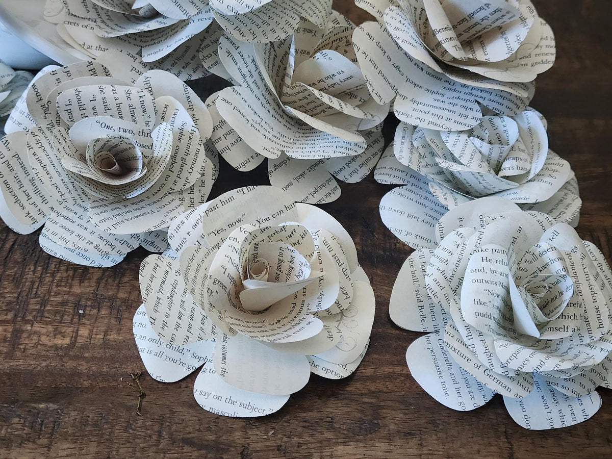 25 Handmade Stemless Book Page Flowers, DIY Wedding Bouquet Flowers, Paper Roses, Literary Wedding Decor, Craft Flower Supplies