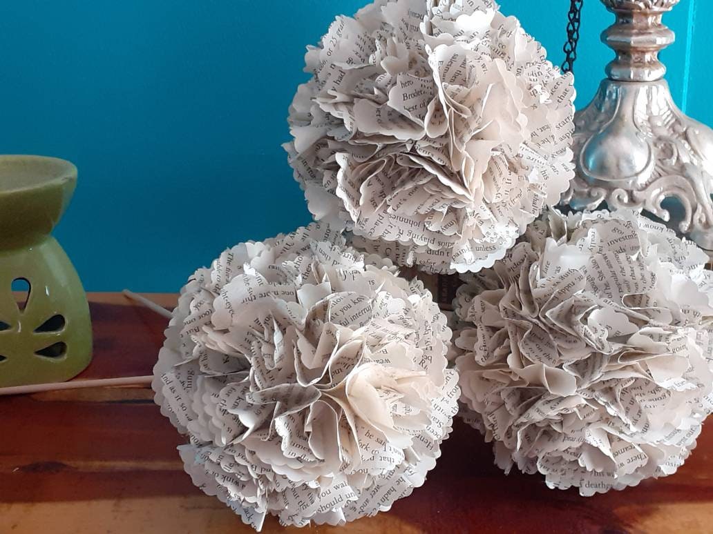 Book Page Hydrangea Blossoms Set of 3, Literary Flowers, Paper Flowers, Rustic Home Decor, Book Lover Gift, Farmhouse Decor