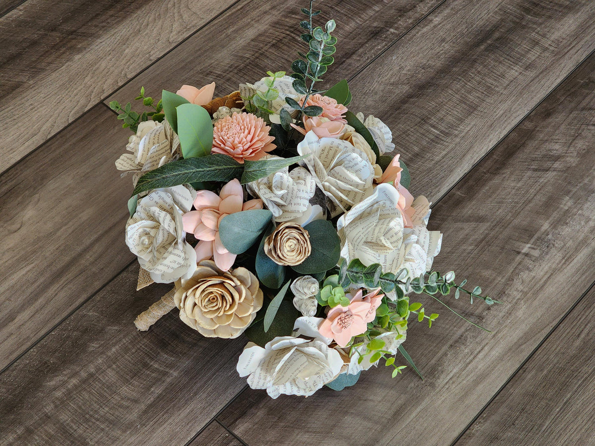 Rustic Book Page Wedding Bouquet, Blush Pink & Ivory Bridal Bouquet, Wood Flower Bouquet, Country Garden Wedding Flowers, Handmade Bouquet