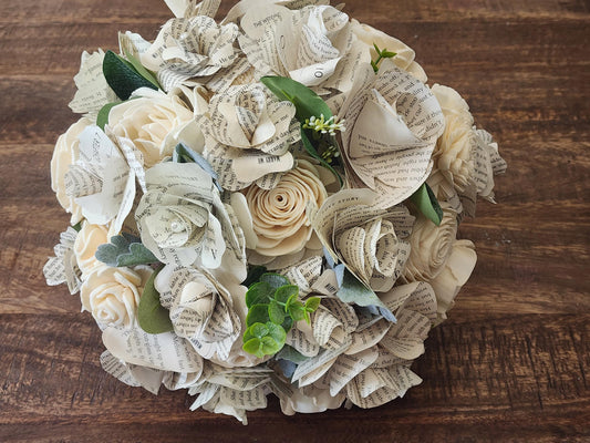 Book Page and Sola Wood Flowers, Wedding Bouquet & Boutonniere, Literary Bridal Bouquet, Book Lover Wedding Flowers, Rustic Wedding Bouquet