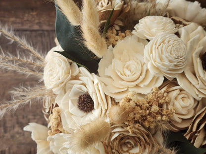 Rustic Boho Wedding Bouquet & Matching Boutonniere, Sola Wood Flower Bridal Bouquet, Neutral Farmhouse Wedding Flowers, Dried Flower Bouquet