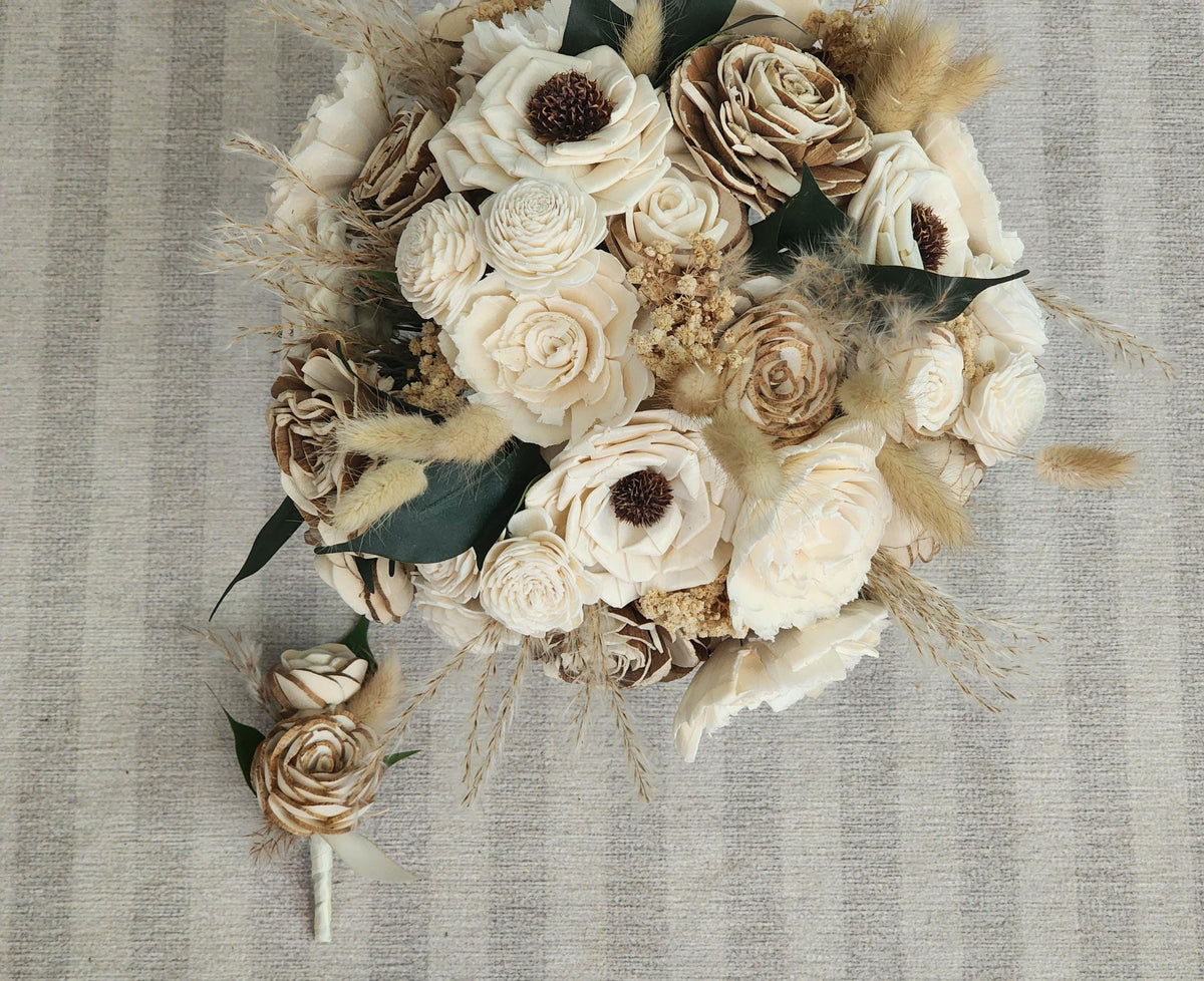 Rustic Boho Wedding Bouquet & Matching Boutonniere, Sola Wood Flower Bridal Bouquet, Neutral Farmhouse Wedding Flowers, Dried Flower Bouquet