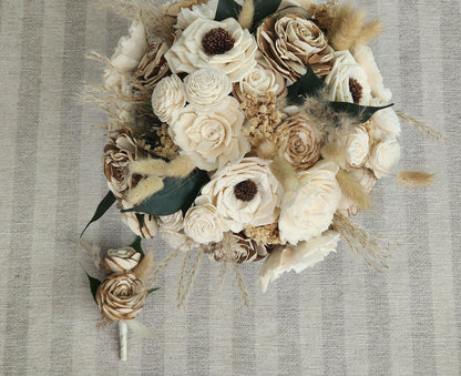 Rustic Boho Wedding Bouquet & Matching Boutonniere, Sola Wood Flower Bridal Bouquet, Neutral Farmhouse Wedding Flowers, Dried Flower Bouquet