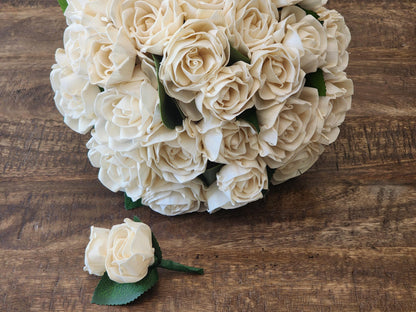 Sola Wood Flower Bridal Bouquet with Boutonniere: Ivory Roses. Sola Wood Flower Brides Bouquet and Grooms Boutonniere READY TO SHIP