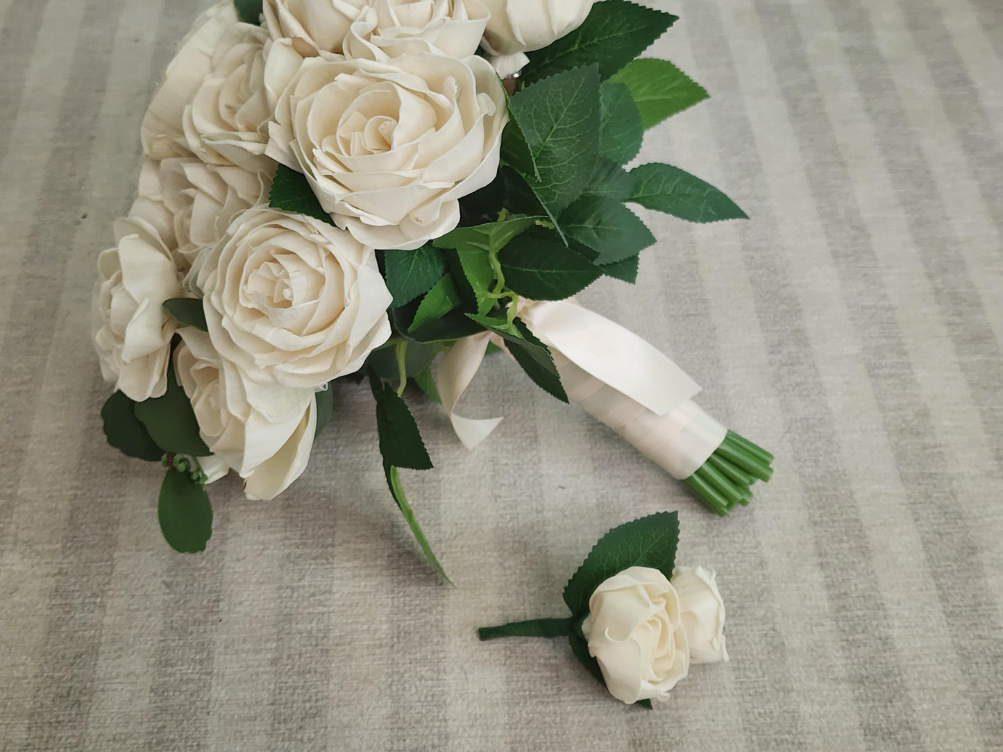 Sola Wood Flower Bridal Bouquet with Boutonniere: Ivory Roses. Sola Wood Flower Brides Bouquet and Grooms Boutonniere READY TO SHIP