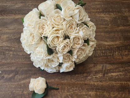 Sola Wood Flower Bridal Bouquet with Boutonniere: Ivory Roses. Sola Wood Flower Brides Bouquet and Grooms Boutonniere READY TO SHIP