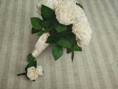 Sola Wood Flower Bridal Bouquet with Boutonniere: Ivory Roses. Sola Wood Flower Brides Bouquet and Grooms Boutonniere READY TO SHIP