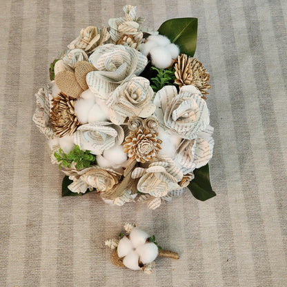 Book Page Bridal Bouquet and Boutonniere Set, Rustic Sola Wood Flower Bouquet, Cotton Burlap Magnolia Leaf Wedding Flowers, Bookish Bride