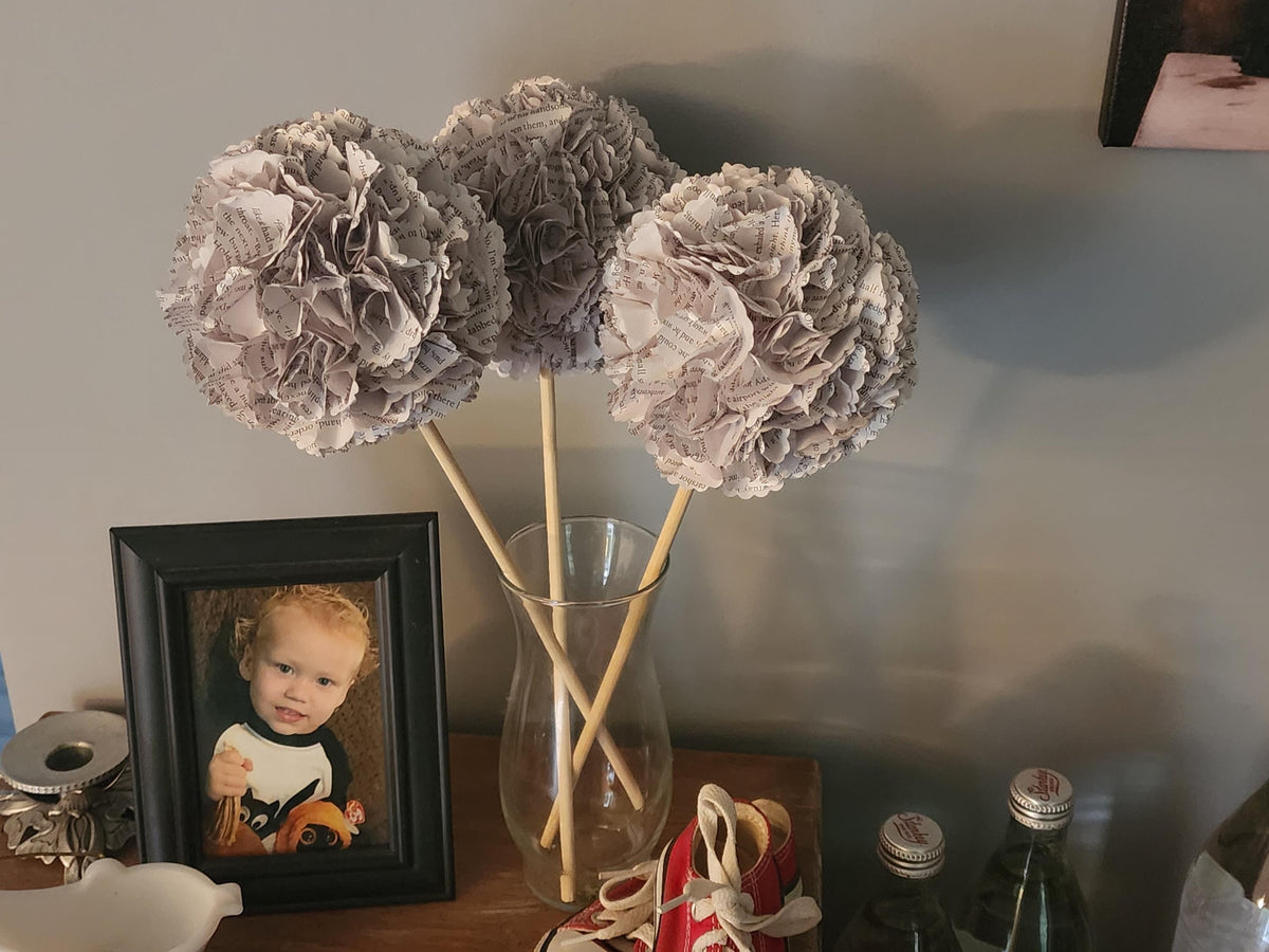 Book Page Hydrangea Blossoms Set of 3, Literary Flowers, Paper Flowers, Rustic Home Decor, Book Lover Gift, Farmhouse Decor