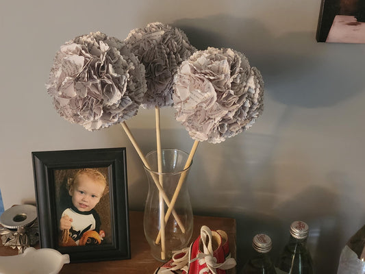 Book Page Hydrangea Blossoms Set of 3, Literary Flowers, Paper Flowers, Rustic Home Decor, Book Lover Gift, Farmhouse Decor