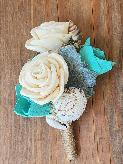 Beach Wedding Bouquet & Boutonniere Set, Sola Wood Flower Bouquet, Seashell Bridal Bouquet, Teal Ivory Wedding Flowers, Destination Wedding